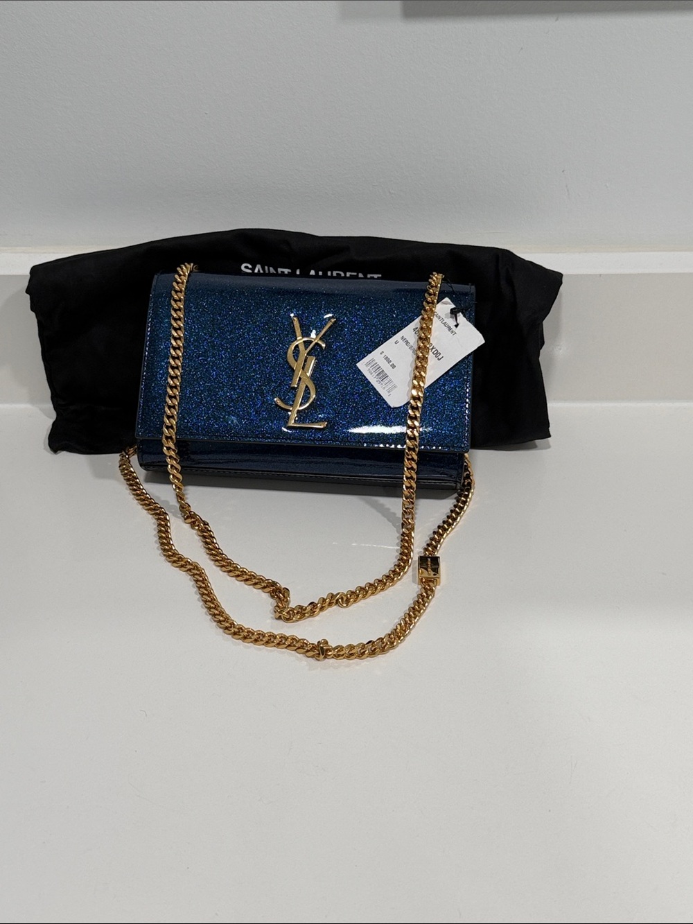 Saint Laurent Navy Blue Glitter Monogram Chain Crossbody